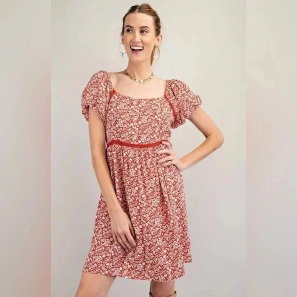 Easel Los Angeles Puff Mini Floral Red Dress Size Medium (A6) - Picture 1 of 5